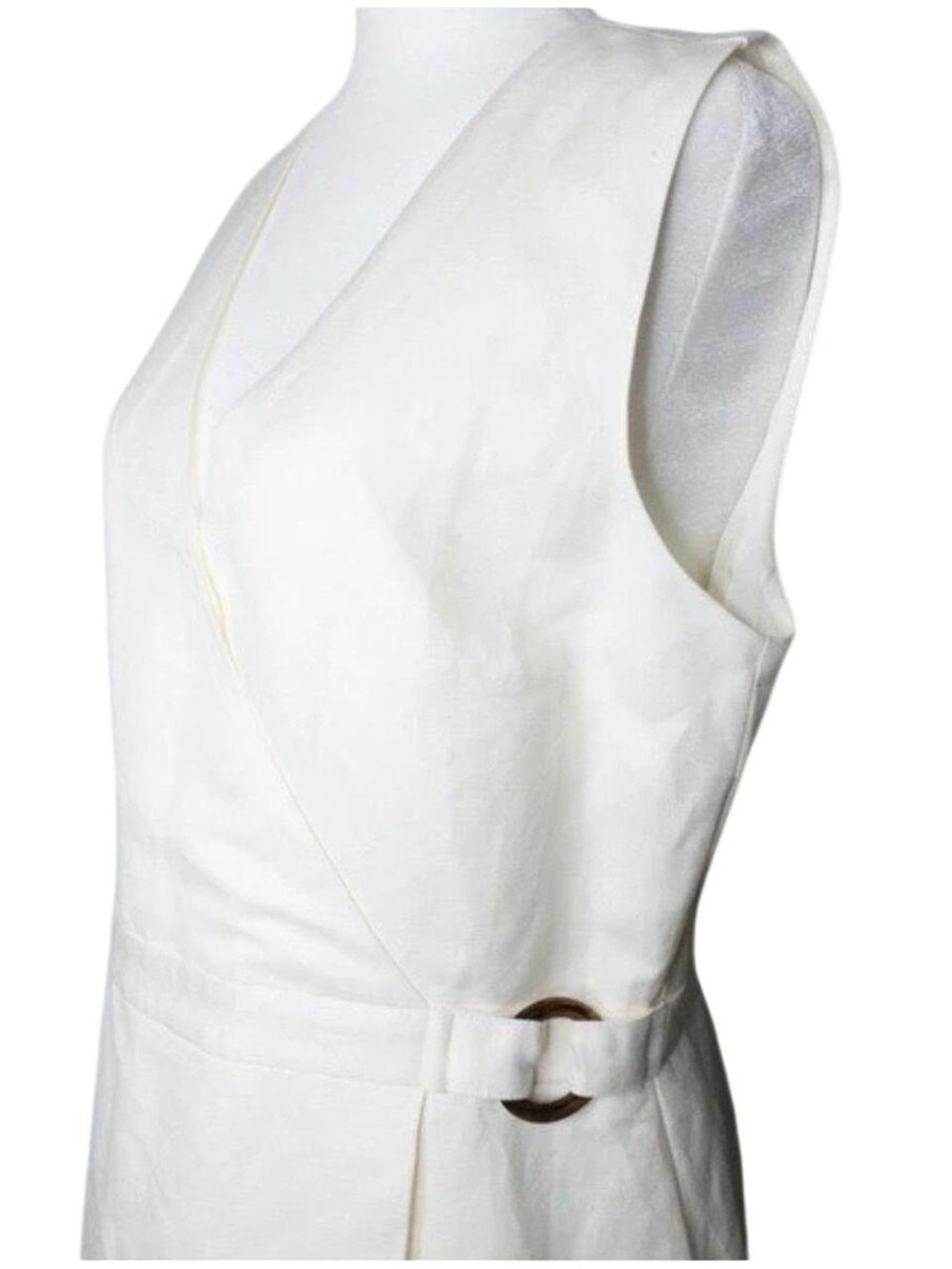 NWT H&M Linen, Sleeveless, V-Neck White Wrap Dress with Waist Buckle, cream